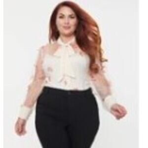 Unique Vintage 3D Butterfly Blouse Long Sleeve Lace with Bow Collar Sz XS #34